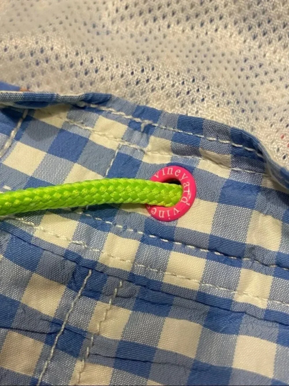 Vineyard Vines blue white gingham check bonefish embroidered Cabana swim trunks